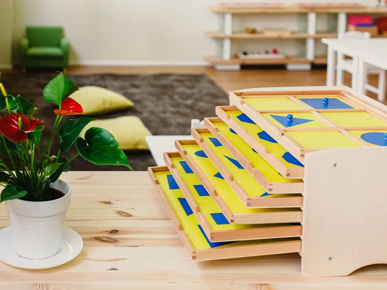 A bright Southbridge Montessori classroom prepared with hands-on learning materials
