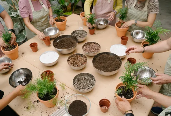 Children gathered around a table for a hands-on practical-life planting activity