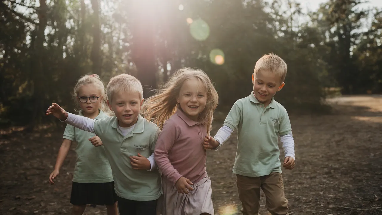 Children exploring and playing together in the woods near the school