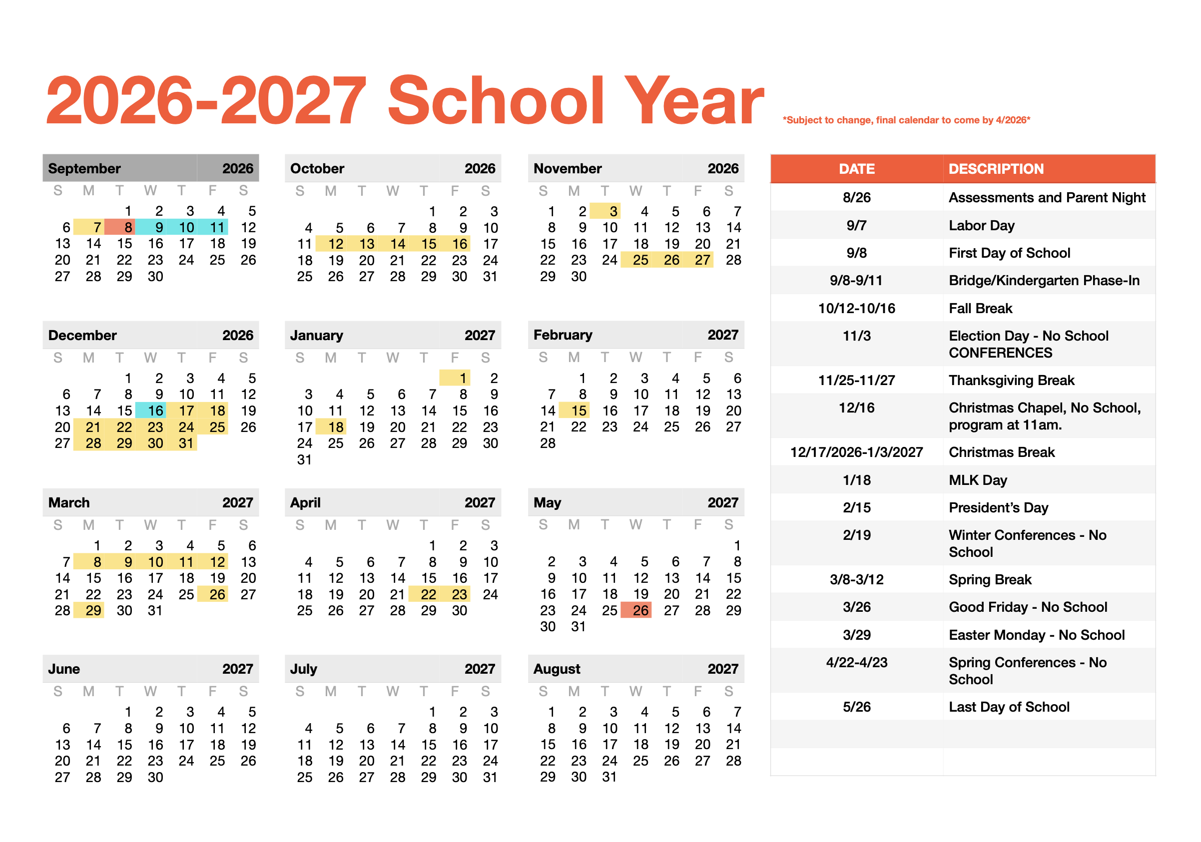 The Southbridge Christian Montessori 2026–2027 school year calendar, listing term dates, holidays, breaks, and early-release days.